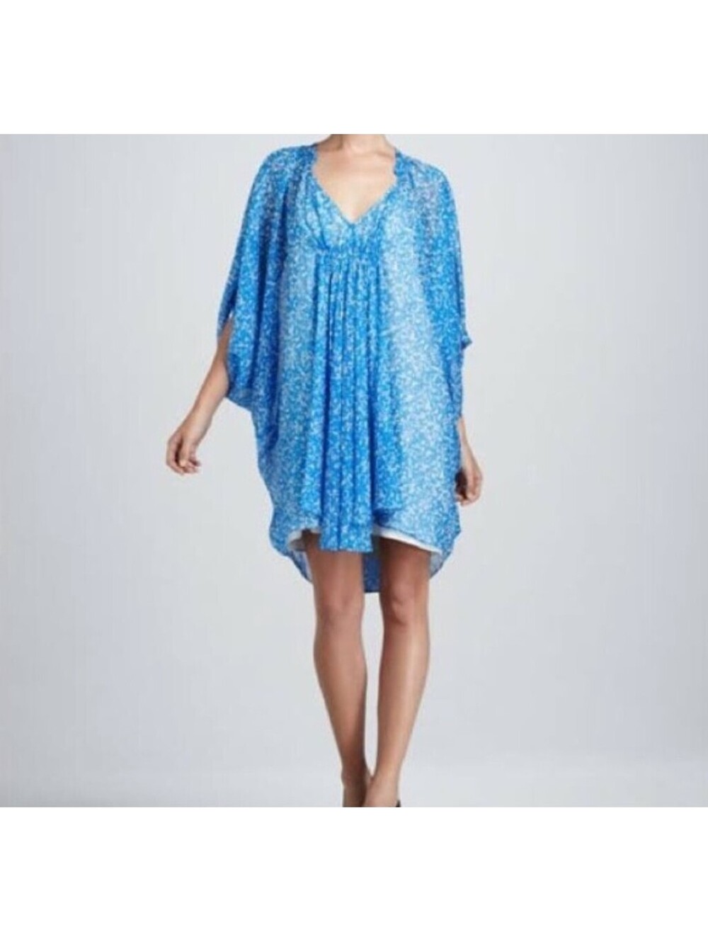 Diane Von Furstenberg Batwing Dress Sz 2 Silk Chiffon Fleurette Women's Blue DVF